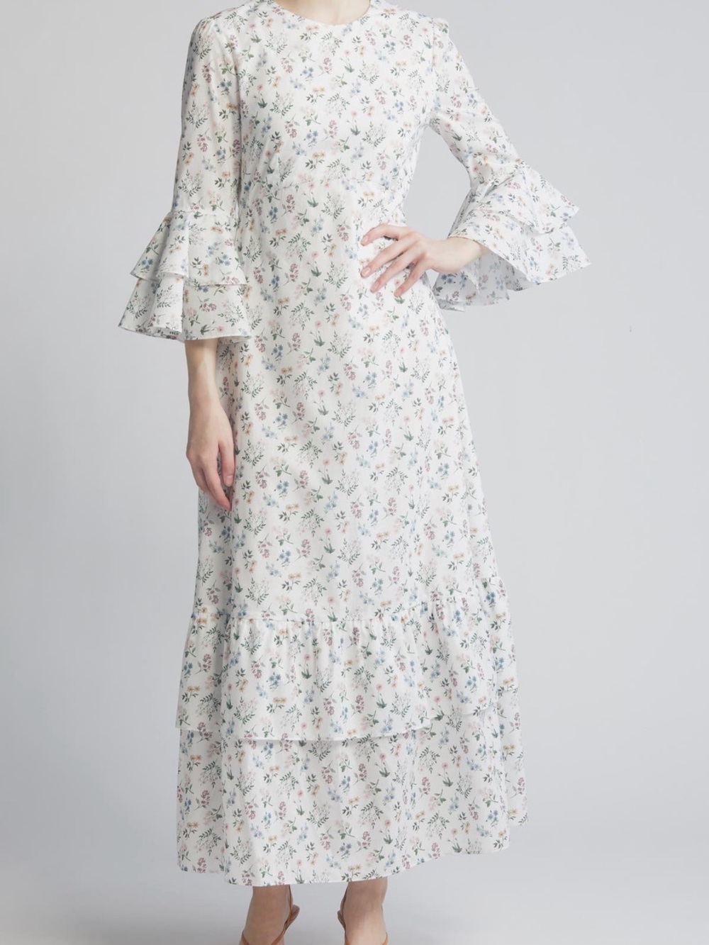 Liberty Floral Long Sleeve Dress - White and Green